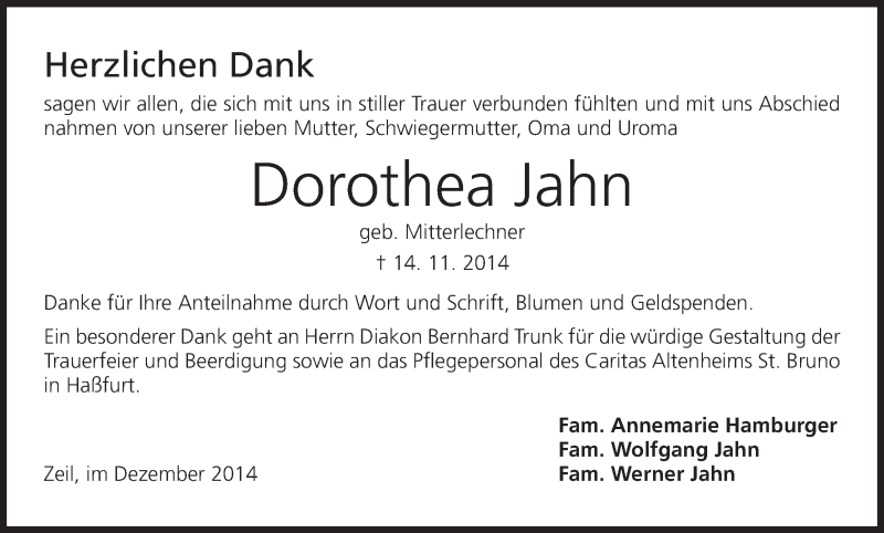  Traueranzeige für Dorothea Jahn vom 06.12.2014 aus MGO