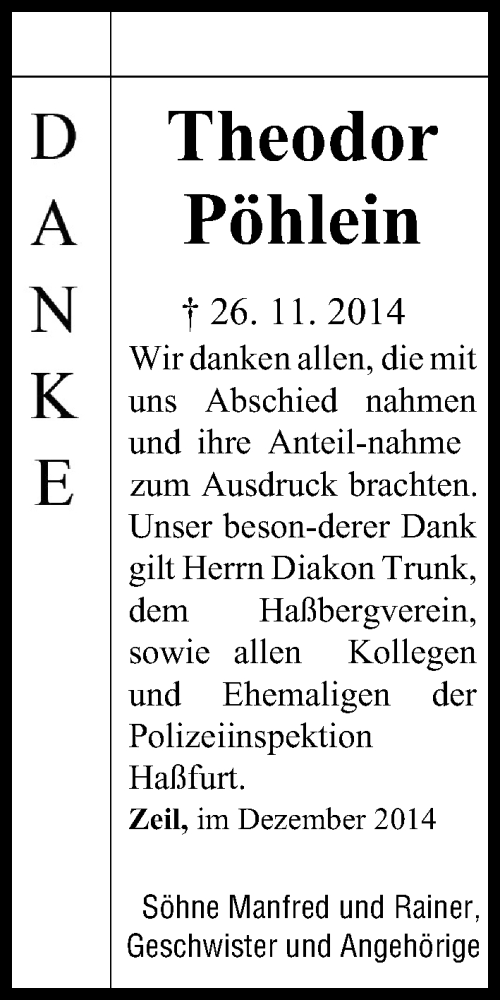  Traueranzeige für Theodor Pöhlein vom 06.12.2014 aus MGO