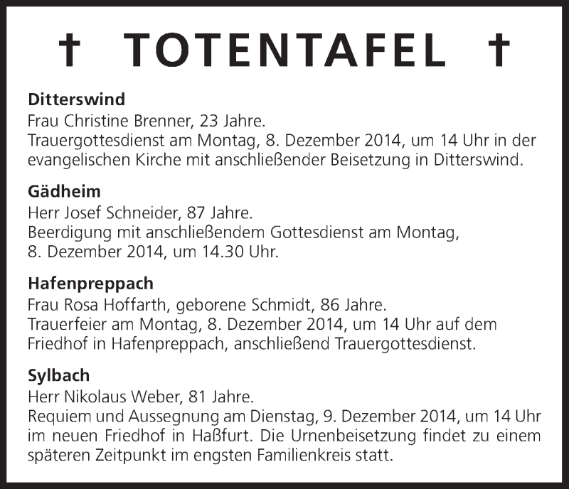  Traueranzeige für Totentafel 06.12.2014 vom 06.12.2014 aus MGO