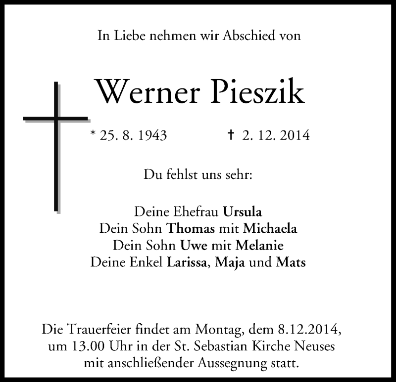  Traueranzeige für Werner Pieszik vom 06.12.2014 aus MGO