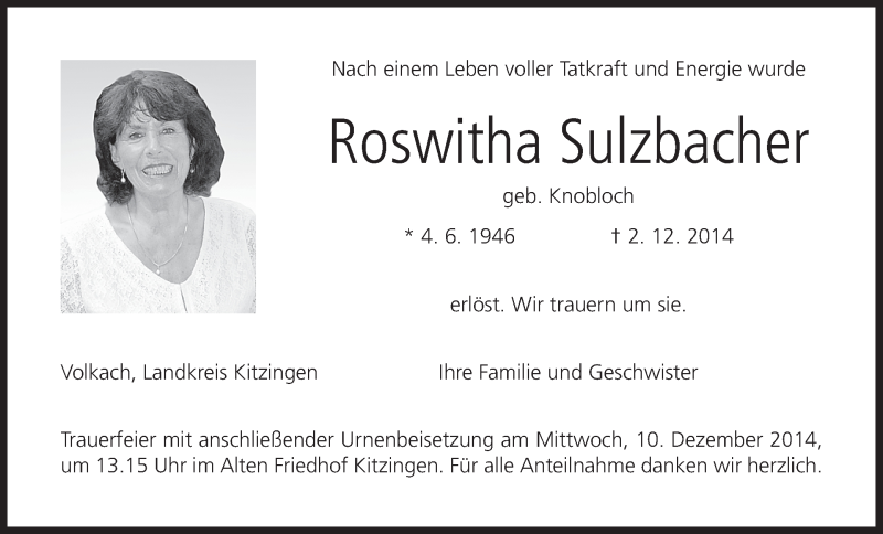  Traueranzeige für Roswitha Sulzbacher vom 06.12.2014 aus MGO