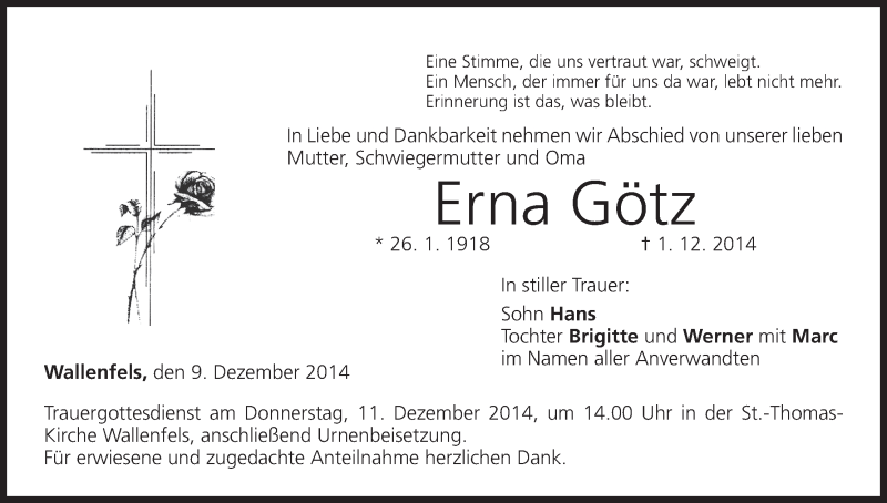 Traueranzeige für Erna Götz vom 09.12.2014 aus MGO