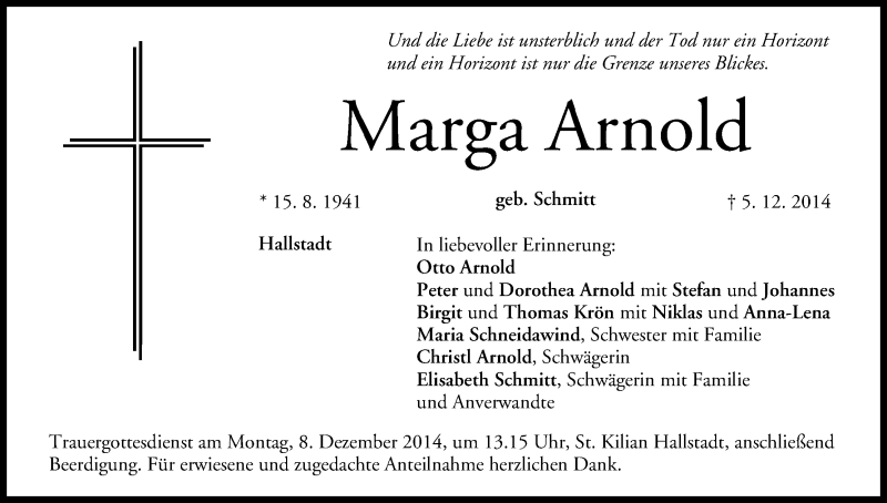  Traueranzeige für Marga Arnold vom 06.12.2014 aus MGO