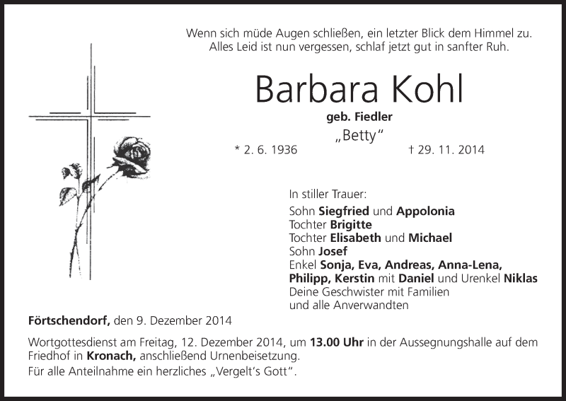 Traueranzeige für Barbara Kohl vom 09.12.2014 aus MGO