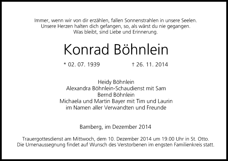  Traueranzeige für Konrad Böhnlein vom 06.12.2014 aus MGO