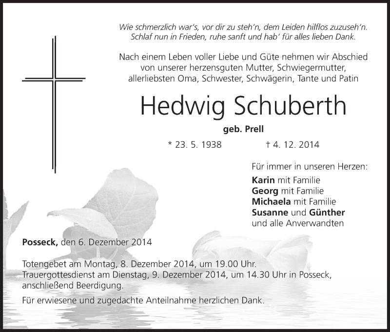  Traueranzeige für Hedwig Schuberth vom 06.12.2014 aus MGO