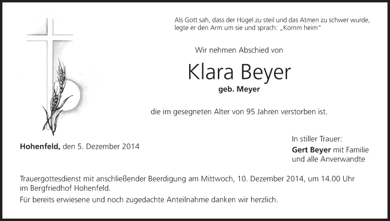  Traueranzeige für Klara Beyer vom 08.12.2014 aus MGO