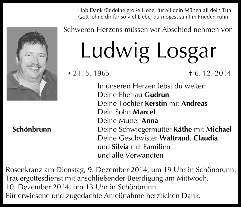  Traueranzeige für Ludwig Losgar vom 08.12.2014 aus MGO