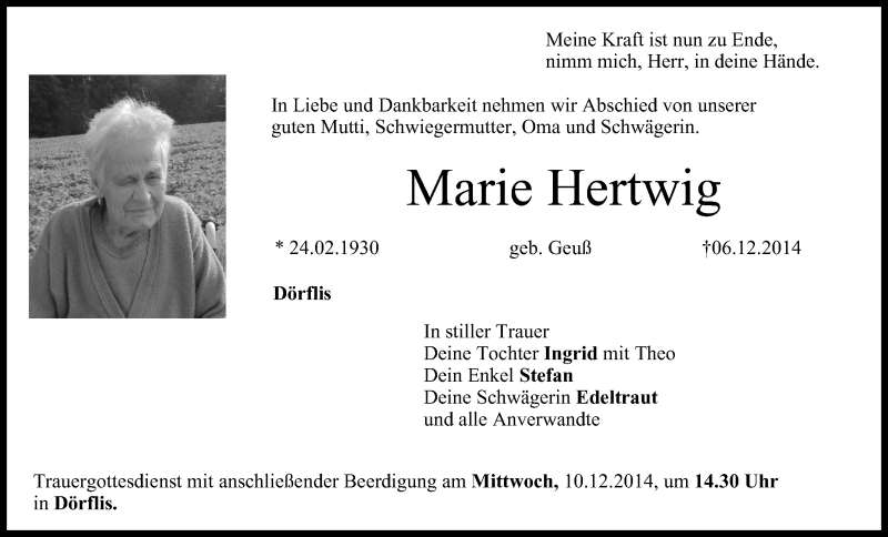  Traueranzeige für Marie Hertwig vom 08.12.2014 aus MGO