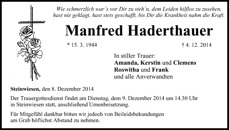  Traueranzeige für Manfred Haderthauer vom 08.12.2014 aus MGO
