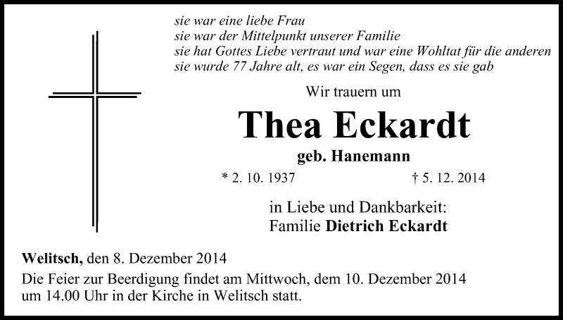  Traueranzeige für Thea Eckardt vom 08.12.2014 aus MGO