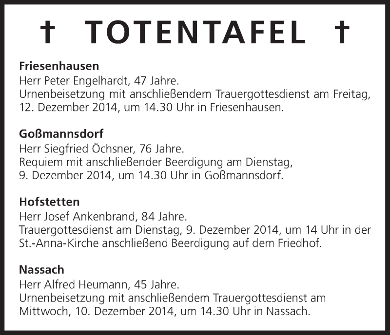 Traueranzeige für Totentafel vom 09.12.2014 vom 09.12.2014 aus MGO