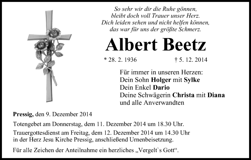  Traueranzeige für Albert Beetz vom 09.12.2014 aus MGO