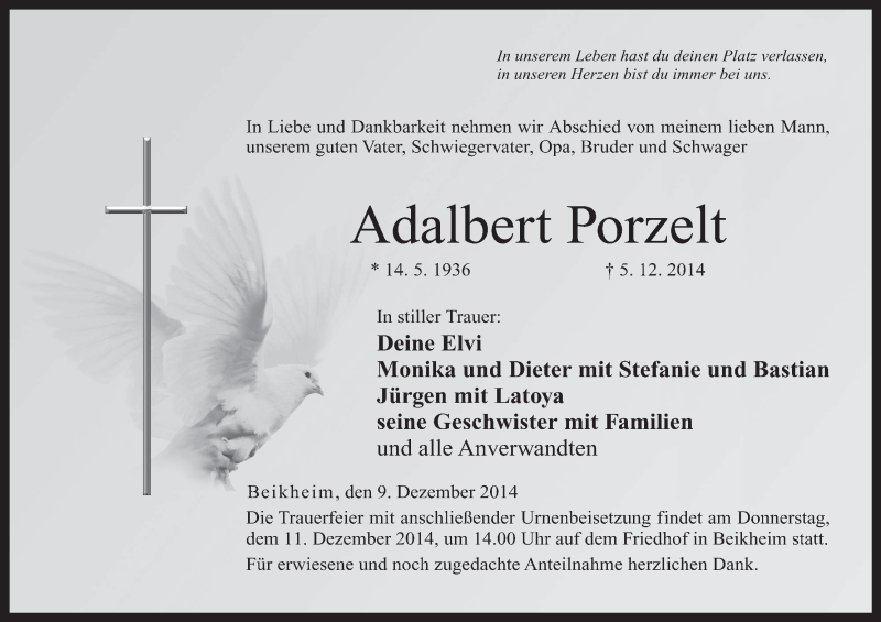  Traueranzeige für Adalbert Porzelt vom 09.12.2014 aus MGO