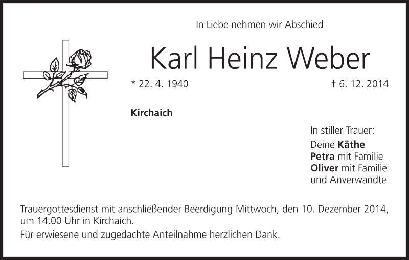  Traueranzeige für Karl Heinz Weber vom 09.12.2014 aus MGO