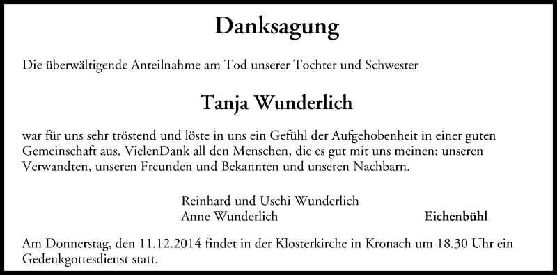  Traueranzeige für Dr. Tanja Wunderlich vom 09.12.2014 aus MGO