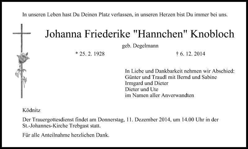  Traueranzeige für Johanna Friederike Knobloch vom 10.12.2014 aus MGO
