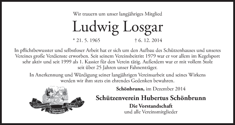  Traueranzeige für Ludwig Losgar vom 09.12.2014 aus MGO