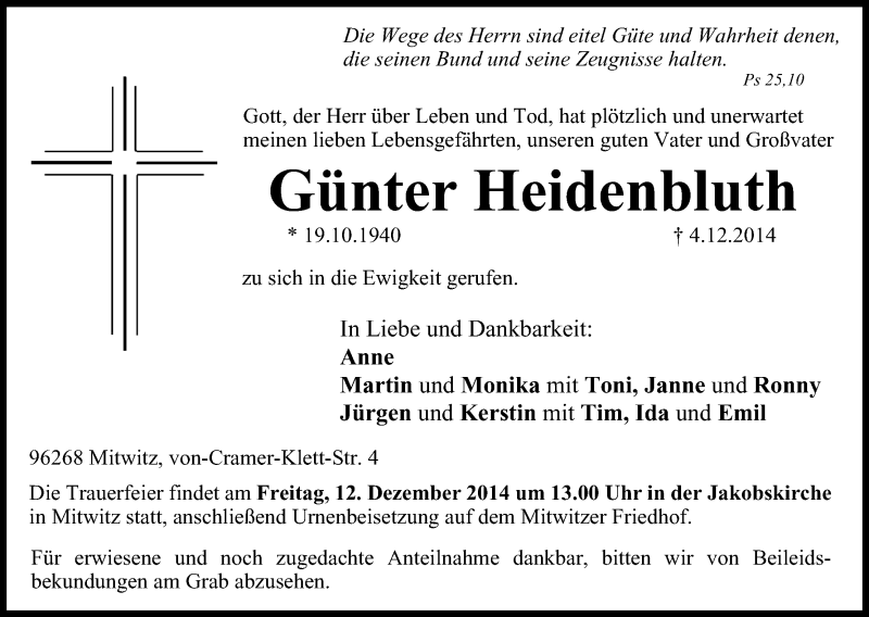  Traueranzeige für Günter Heidenbluth vom 10.12.2014 aus MGO