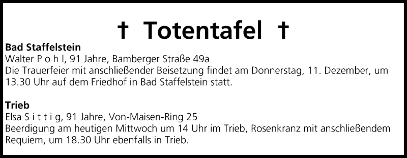  Traueranzeige für Totentafel vom 10.12.2014 vom 10.12.2014 aus MGO
