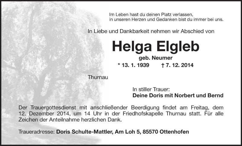  Traueranzeige für Helga Elgleb vom 10.12.2014 aus MGO