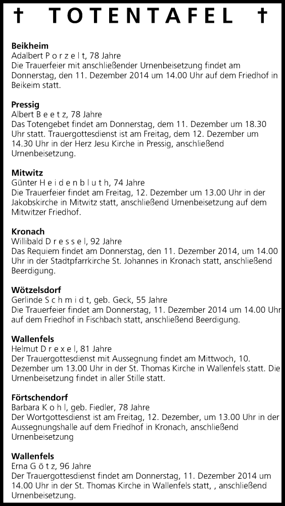  Traueranzeige für Totentafel vom 10.12.2014 vom 10.12.2014 aus MGO