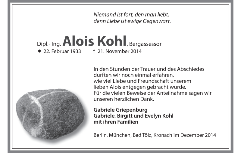  Traueranzeige für Alois Kohl vom 13.12.2014 aus MGO