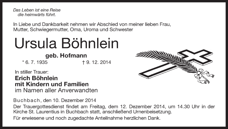 Traueranzeige für Ursula Böhnlein vom 10.12.2014 aus MGO
