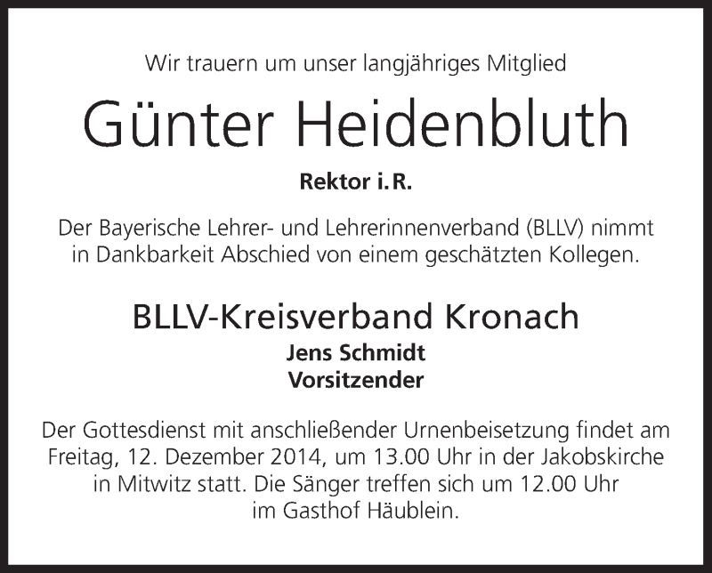  Traueranzeige für Günter Heidenbluth vom 10.12.2014 aus MGO