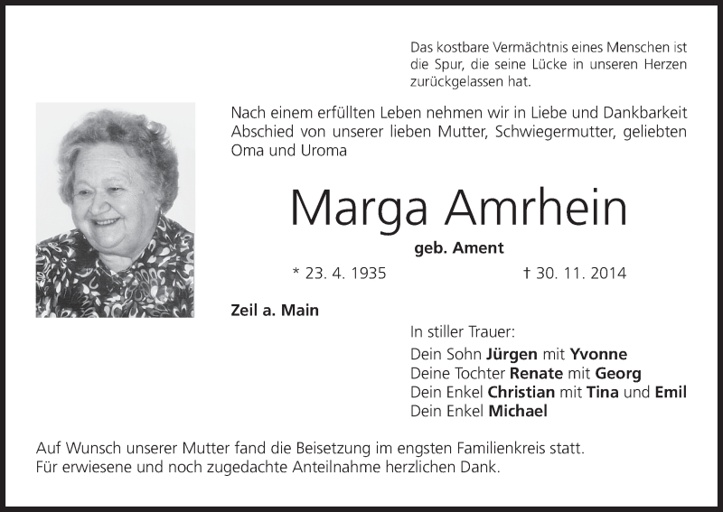  Traueranzeige für Marga Amrhein vom 11.12.2014 aus MGO
