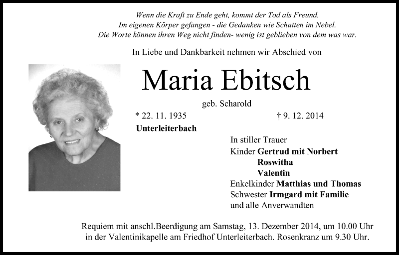  Traueranzeige für Maria Ebitsch vom 10.12.2014 aus MGO