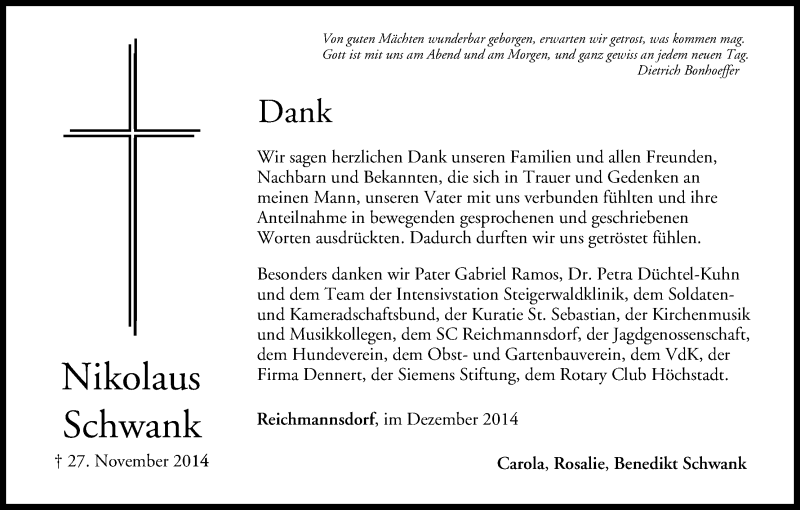  Traueranzeige für Nikolaus Schwank vom 13.12.2014 aus MGO
