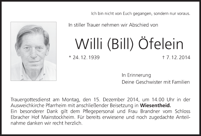  Traueranzeige für Willi Öfelein vom 12.12.2014 aus MGO