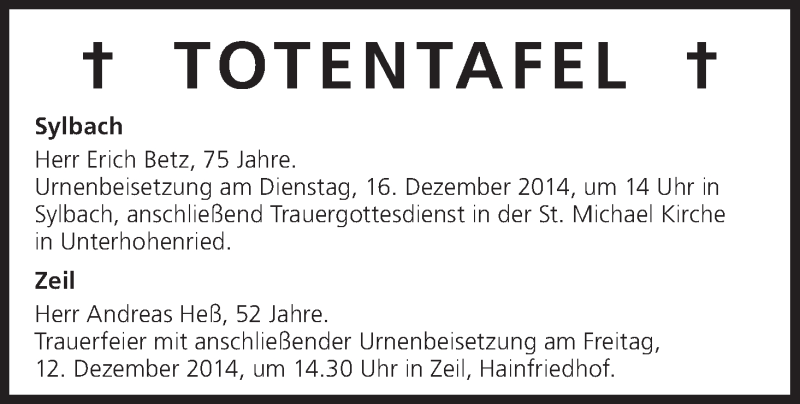  Traueranzeige für Totentafel vom 11.12.2014 vom 11.12.2014 aus MGO