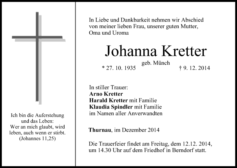  Traueranzeige für Johanna Kretter vom 11.12.2014 aus MGO