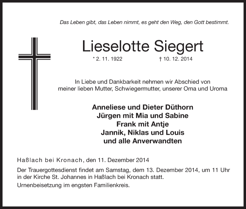  Traueranzeige für Lieselotte Siegert vom 11.12.2014 aus MGO