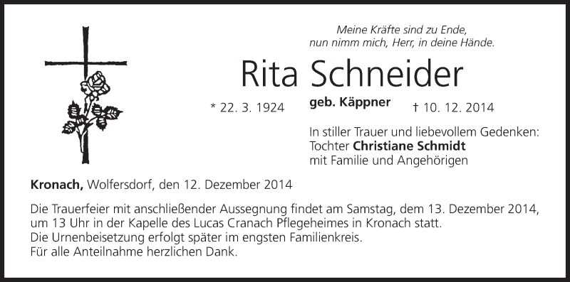  Traueranzeige für Rita Schneider vom 12.12.2014 aus MGO