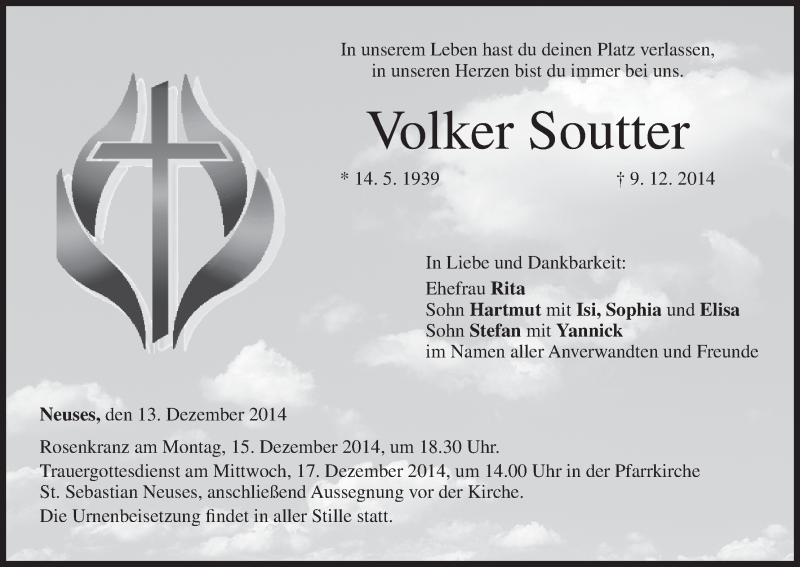  Traueranzeige für Volker Soutter vom 13.12.2014 aus MGO