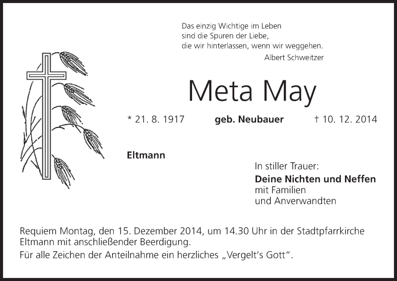  Traueranzeige für Meta May vom 13.12.2014 aus MGO