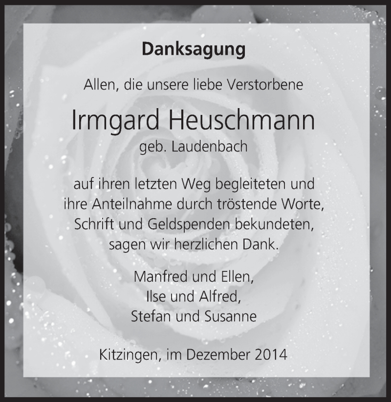  Traueranzeige für Irmgard Heuschmann vom 20.12.2014 aus MGO