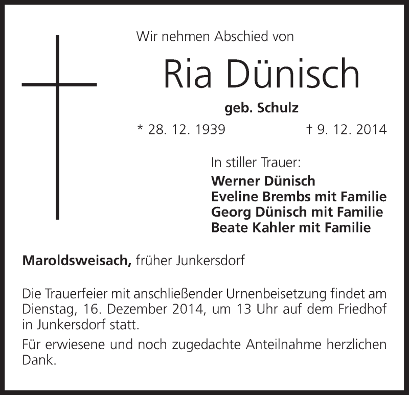 Traueranzeige für Ria Dünisch vom 13.12.2014 aus MGO