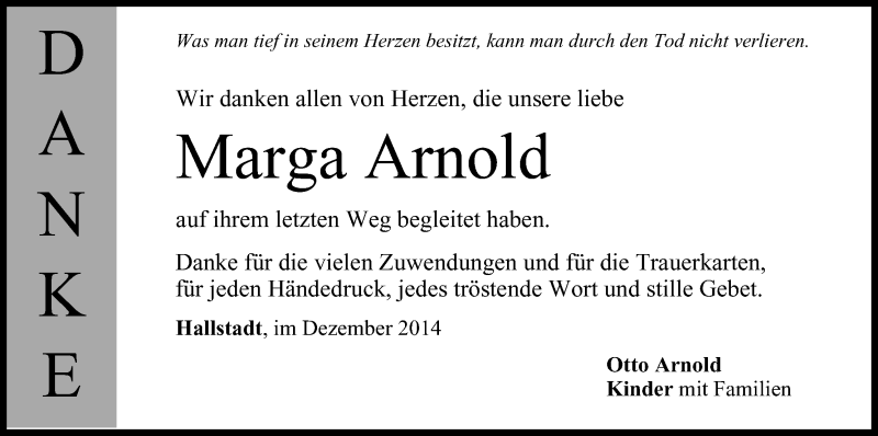  Traueranzeige für Marga Arnold vom 13.12.2014 aus MGO