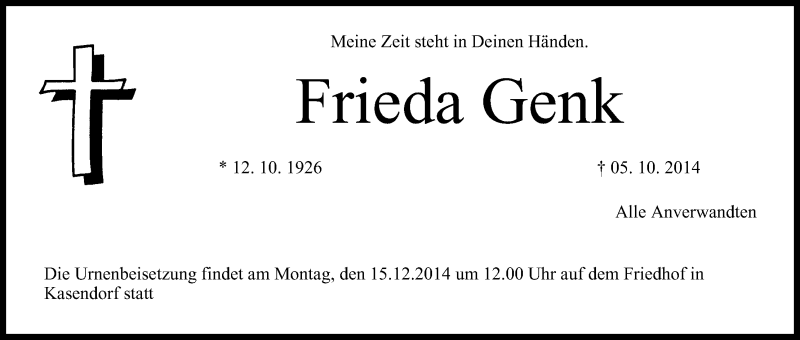 Traueranzeige für Frieda Genk vom 13.12.2014 aus MGO