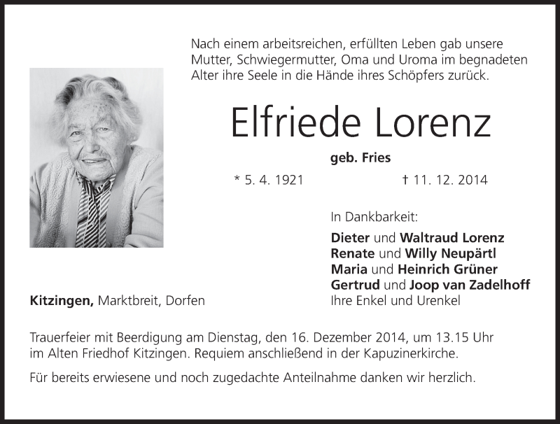  Traueranzeige für Elfriede Lorenz vom 13.12.2014 aus MGO