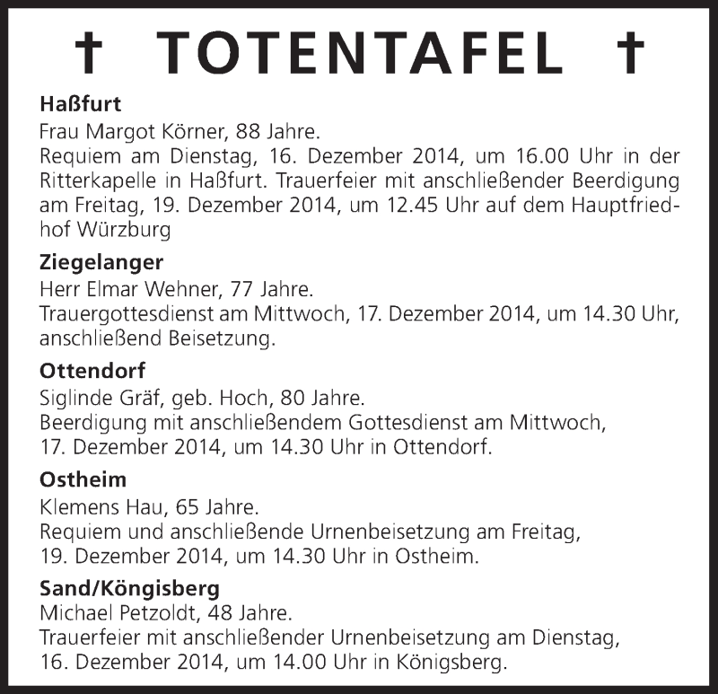  Traueranzeige für Totentafel vom 15.12.2014 vom 15.12.2014 aus MGO