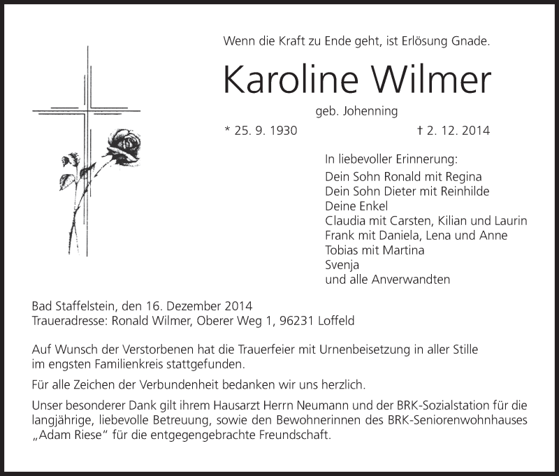  Traueranzeige für Karoline Wilmer vom 16.12.2014 aus MGO