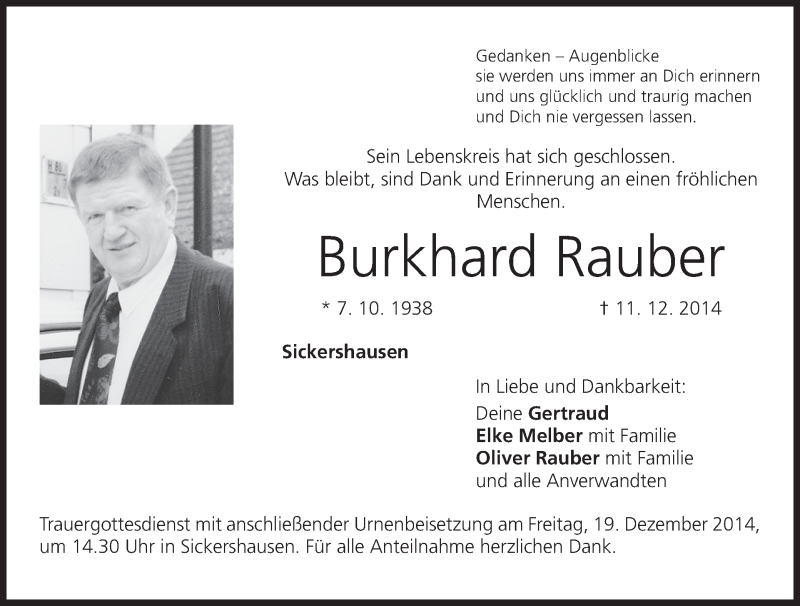  Traueranzeige für Burkhard Rauber vom 17.12.2014 aus MGO