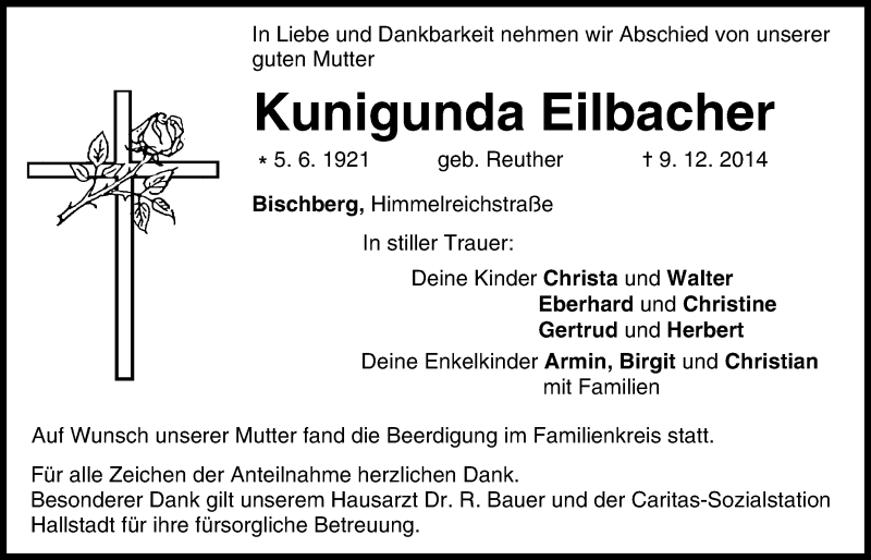  Traueranzeige für Kunigunda Eilbacher vom 20.12.2014 aus MGO