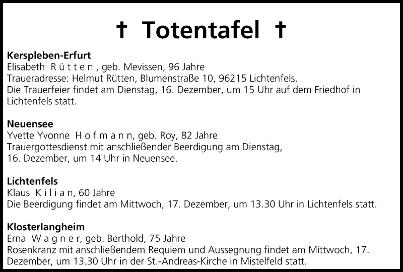  Traueranzeige für Totentafel vom 16.12.2014 vom 16.12.2014 aus MGO