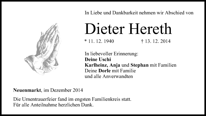  Traueranzeige für Dieter Hereth vom 20.12.2014 aus MGO